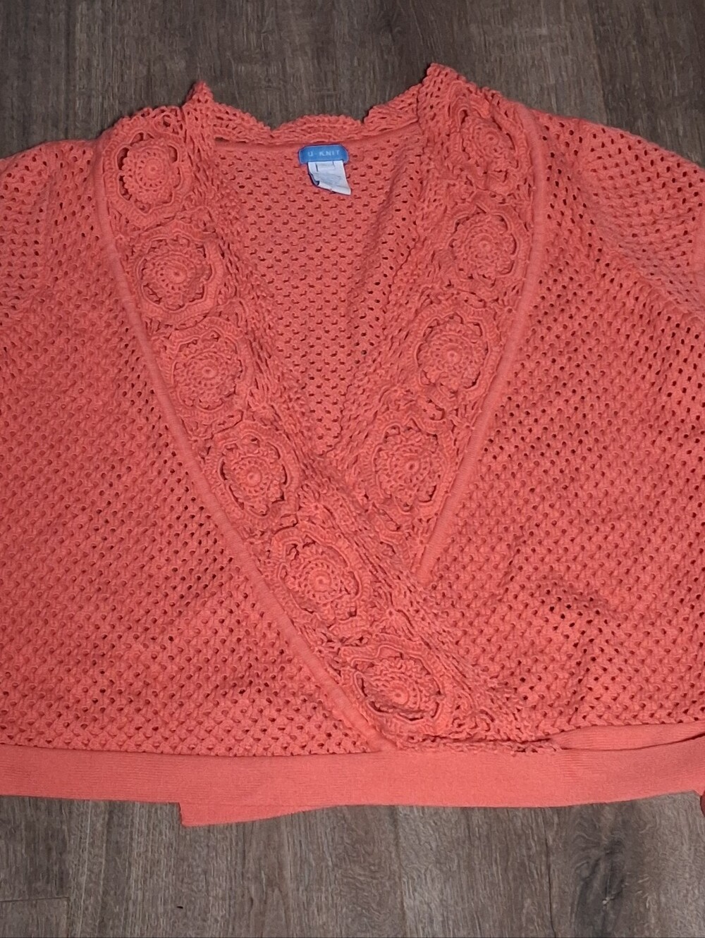 Vintage-inspired Crochet Lace, Open Knit U-Knit side-tie coral wrap Cardigan